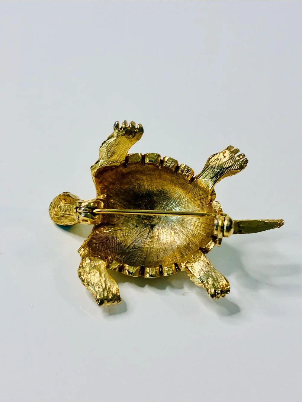 VTG PELL Gold-Tone Turtle Brooch with Turquoise Cabochons and Emerald Eyes EUC